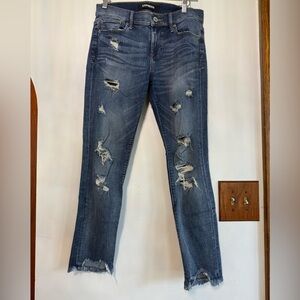 Express Distressed Straight Leg Jeans - Dark Blue